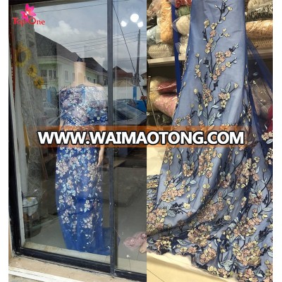 New collection royal blue 3d lace fabric with embroidery flower for dress