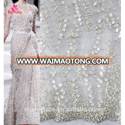 High End White Elegant Handwork Bridal Fabric 3d flower Lace Fabric with Beads