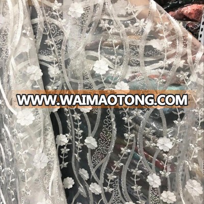 White wedding 3d flower lace fabric dress beaded embroidery lace