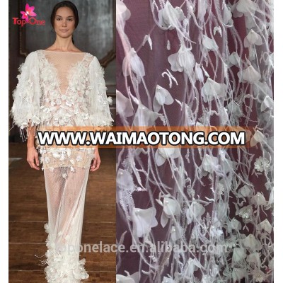 2017 white 3d lace fabric beads bridal ostrich feather fabric wedding fabric lace