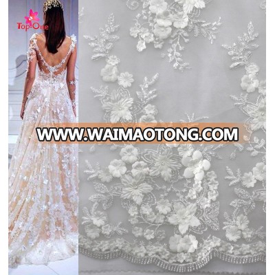 Hot Sale White Bridal Lace Fabric/Handwork Embroidery 3D Lace Fabric With Pearls