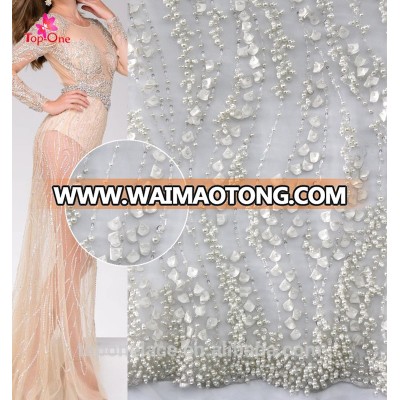 China Manufacturer bridal lace fabric beaded embroidery white/handwork beaded lace embroidery designs